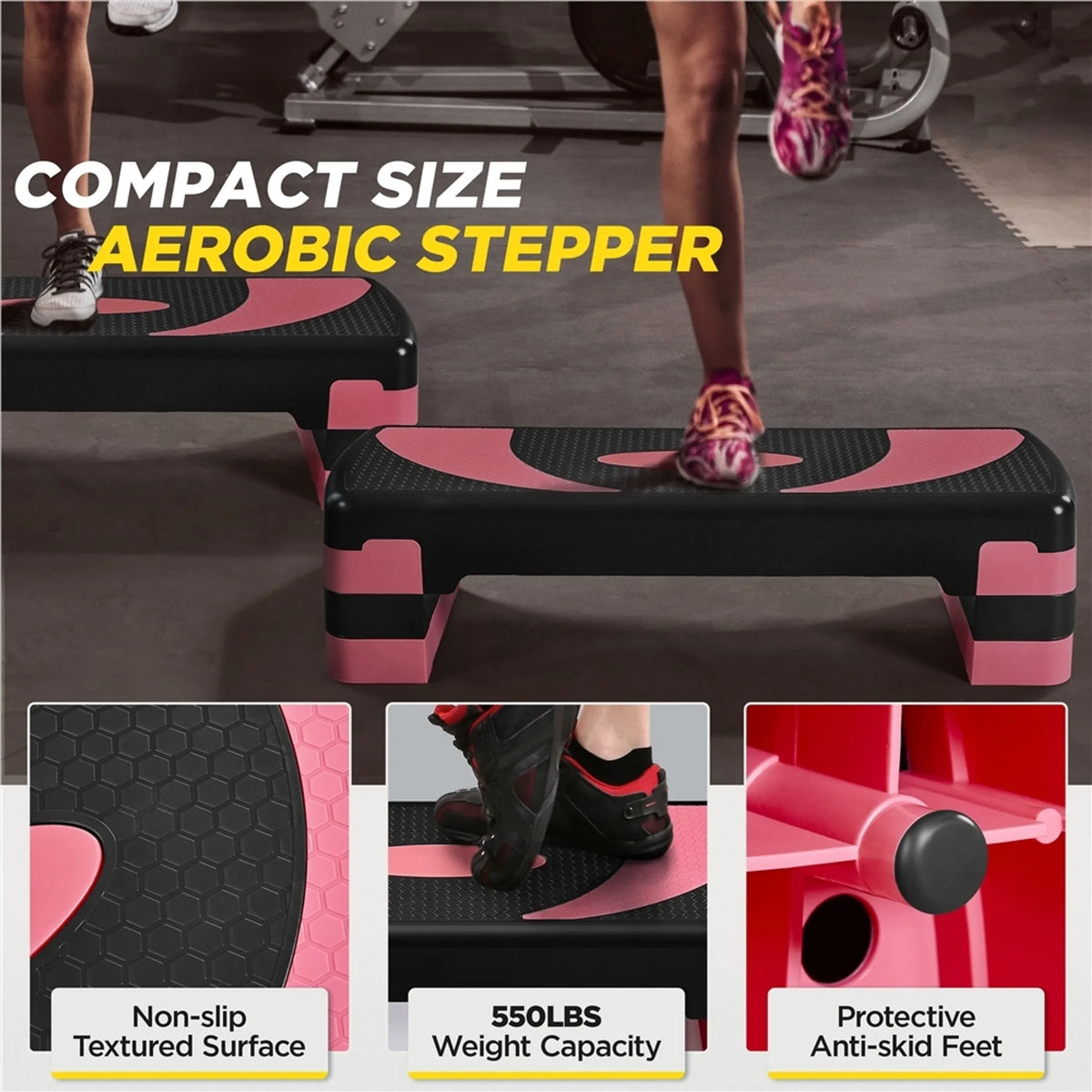 Yaheetech Aerobic Stepper Adjustable - 79,5 x 30 x 20 cm - 3 hauteurs réglables, surface antidérapante et pieds de protection en caoutchouc - pour la gym à domicile et l'entraînement physique - plastique noir et rose