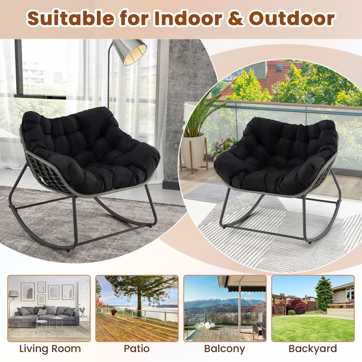 Fauteuil à bascule Coast - très grand format - coussin épais amovible - noir