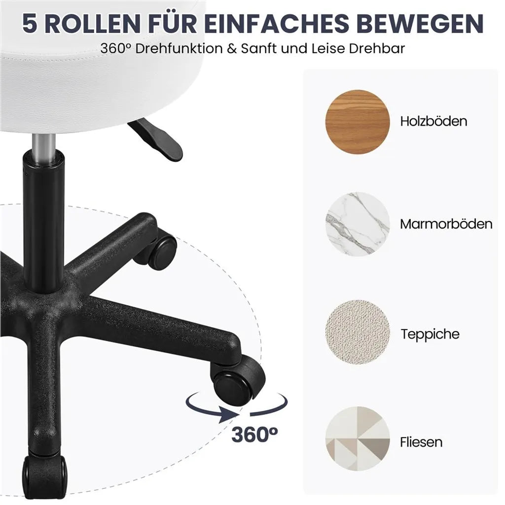 Yaheetech Tabouret roulant 50 × 50 × 46-61.5 cm - Blanc - Tabouret pivotant réglable avec roues et capacité de charge de 150 kg