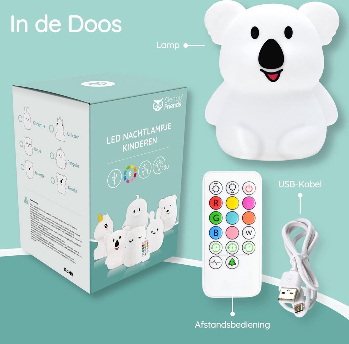 Veilleuse Sleepy Friends Koala Kids - LED 8 couleurs - Rechargeable par USB - Dimmable - Télécommande tactile - 95x97x100 mm