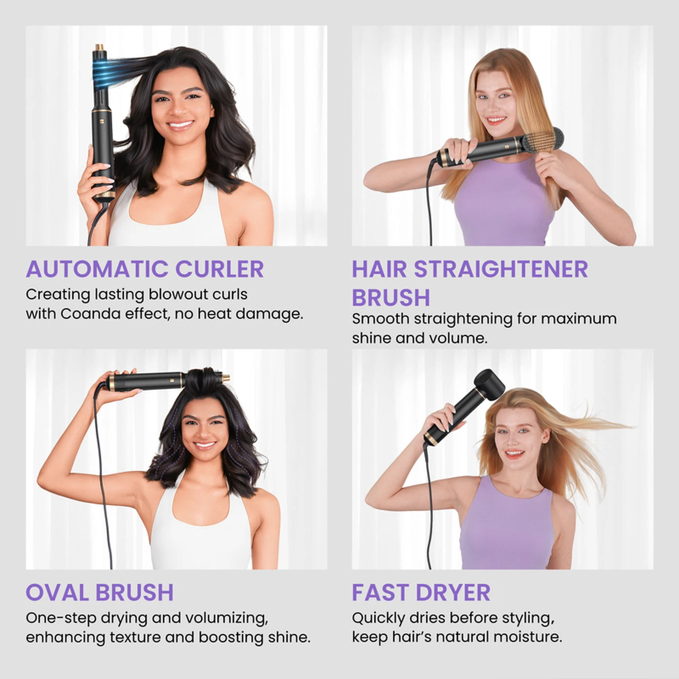 Appareil de coiffure 5-en-1 Atopskins – Sèche-cheveux, fer à friser, brosse lissante et brosse chauffante