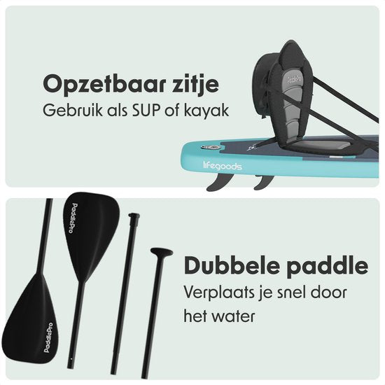LifeGoods SUP Board Touring - 165 KG de capacité de charge - 365 x 76 cm - gonflable - avec siège - paquet Sup complet - Turquoise