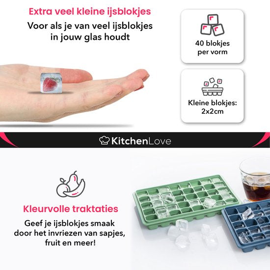 KitchenLove Moule à glaçons en silicone avec couvercle (2 pièces) - 80 glaçons - Carré - Sans BPA - 100% Silicone - Vert & Bleu