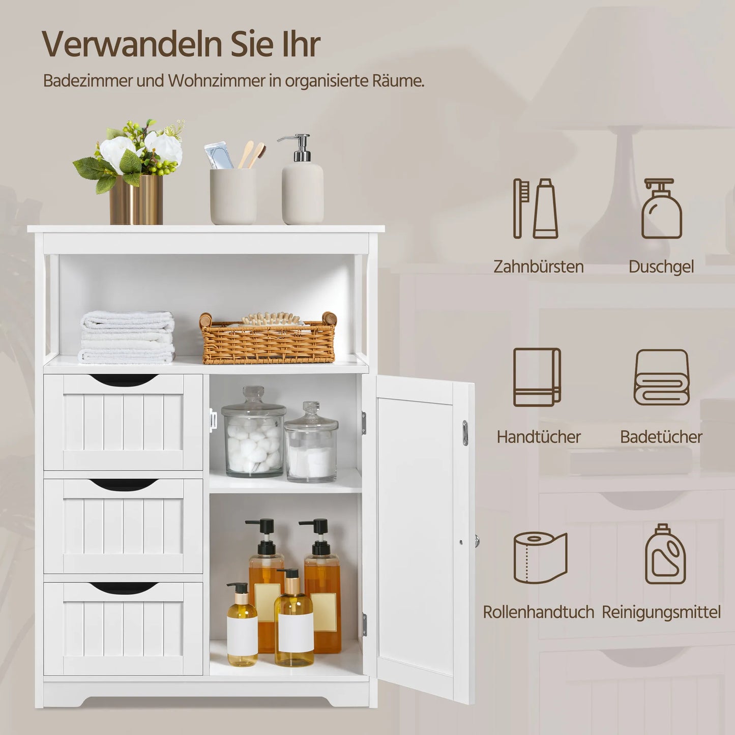 Yaheetech Armoire de salle de bain avec 3 tiroirs - Comprend une étagère réglable et un rangement ouvert ainsi que des accessoires en métal - Pour la salle de bain, le salon et la chambre - Mdf blanc et métal - 66 x 35 x 90 cm