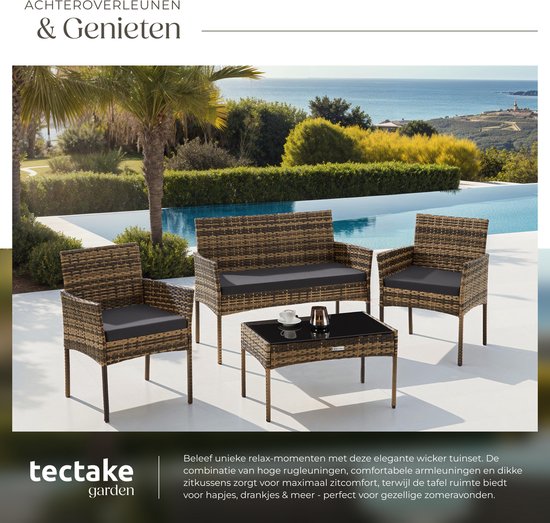 tectake® - Ensemble de jardin en osier Palese - Groupe de sièges pour 4 personnes - Ensemble de meubles de jardin avec banc de salon, table de jardin et 2 chaises de jardin, y compris les coussins d'assise - Meubles de jardin - Résistant à l'eau - Gris