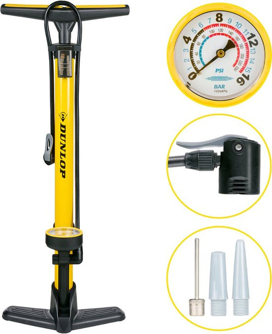 Pompe à vélo Dunlop avec manomètre - Pompe à vélo pour valve Dunlop, Schrader et française - Pompe sur pied avec adaptateurs pour jouets aquatiques et balles