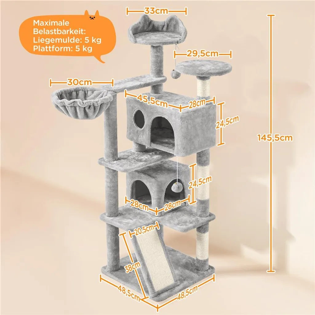 Arbre à chat Yaheetech 146 cm - avec 2 niches pour chats - 3 plateformes d'observation - gris clair