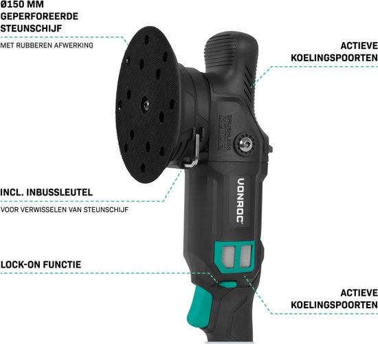 VONROC PRO Polisseuse 20V - Ø 150mm - Moteur sans balais - Démarrage progressif - Tampon d'appui inclus - Batterie et chargeur rapide inclus