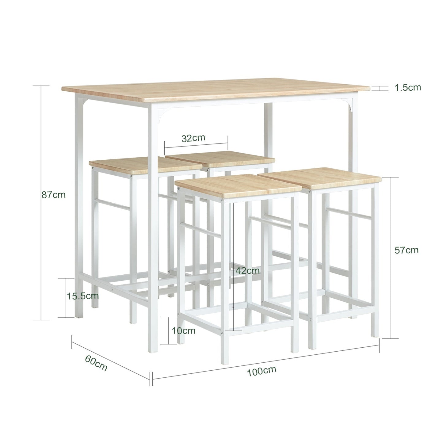 SoBuy Table de bar avec 4 tabourets - Moderne - max. 120 kg - Blanc / Marron