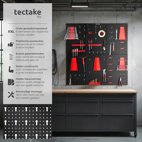 tectake® 6-Piece Metal Tool Wall - 240 x 60 cm - Perforated Plate - Tool Holder Set including Hooks - Wall Rack System for Workbench, Garage, Tools - Workshop Equipment - Tool Board - Pegboard