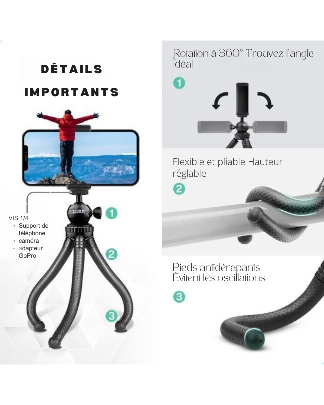 LURK® 3 in 1 Flexible Octopus Tripod trépied pour smartphone et caméra (d'action) - Comprend une pince pour téléphone et une télécommande bluetooth - 25 cm