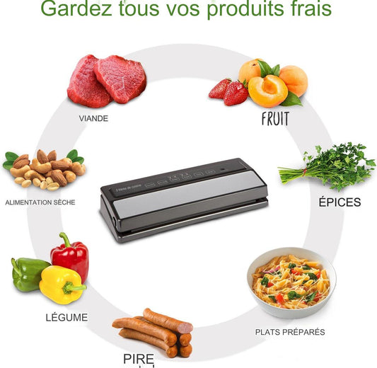 Machine sous vide - KitchenBrothers - Scelleuse sous vide automatique - 4 modes - Avec rouleau de film - sacs sous vide et tuyau d’aspiration - Noir