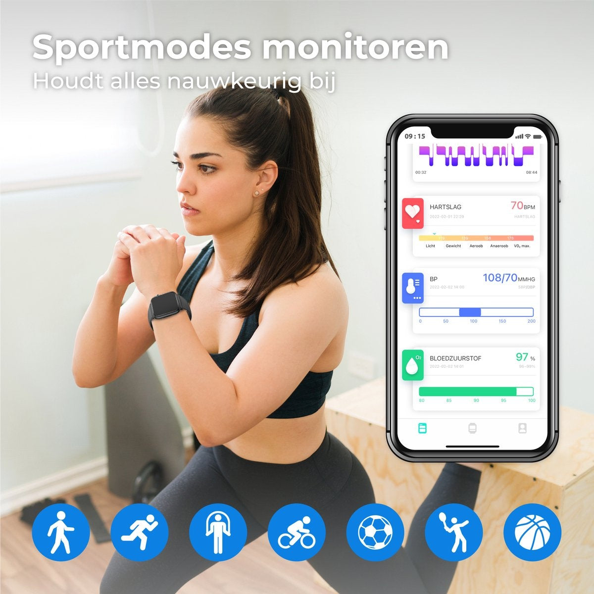 Nuvance - Smartwatch Homme et Femme - 45mm - pour iOS et Android - podomètre et moniteur de fréquence cardiaque - étanche - noir