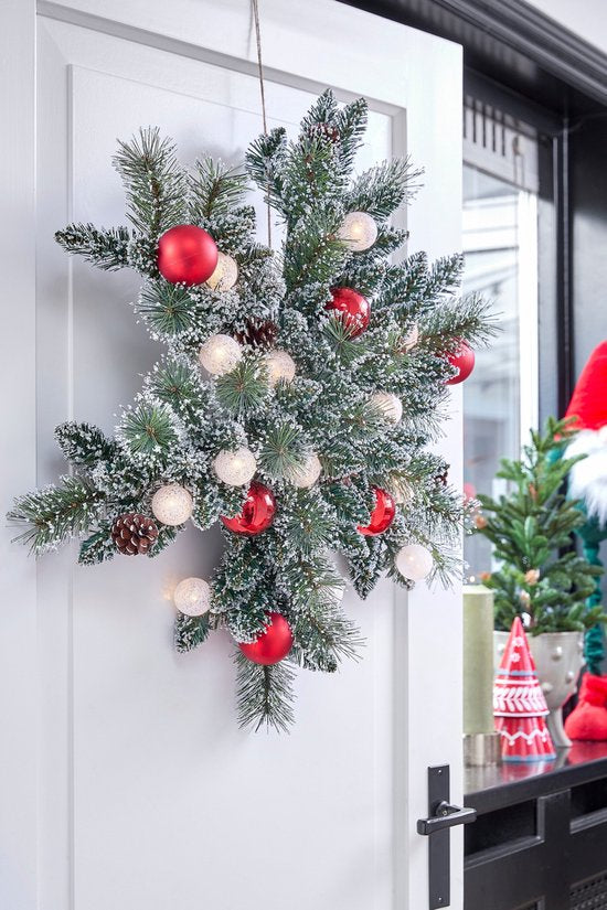 Black Box Trees Kaprun Couronne de Noël Étoile avec lumières LED blanc chaud - Ø60 cm - Vert givré, rouge