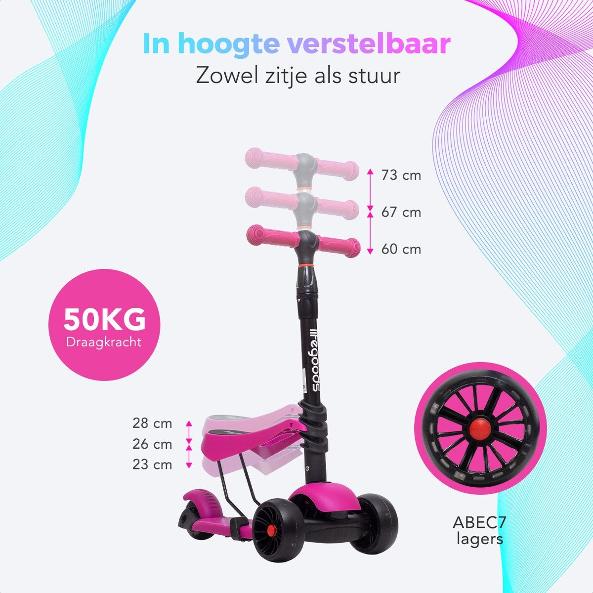 LifeGoods MultiRider Scooter pour enfants - Étape 3-8 ans - Siège réglable - Roues lumineuses - Garçons/Filles - Rose