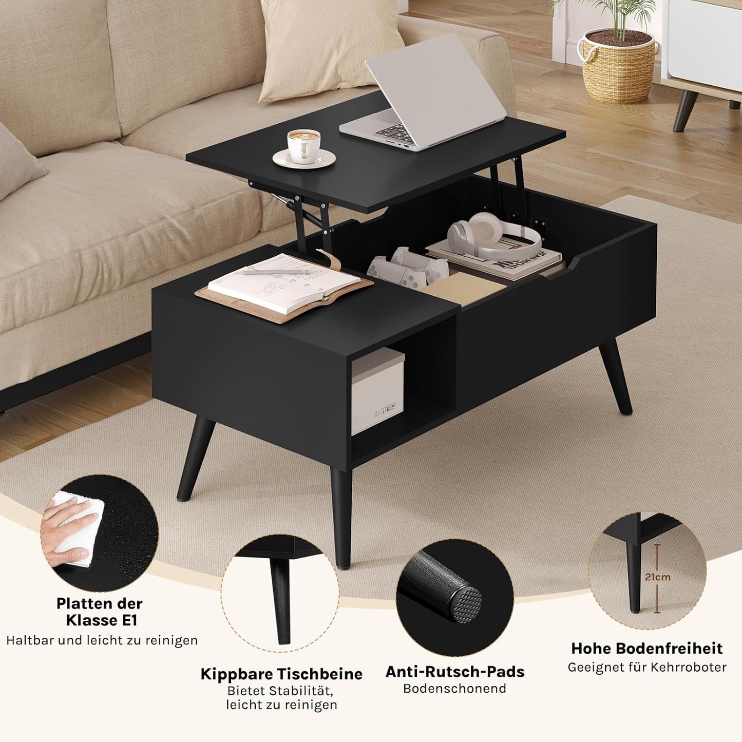 Table basse Woltu à hauteur réglable - 100 x 57 x 50 cm - Noir