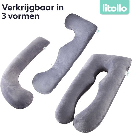 Oreiller de grossesse Litollo® XL - Oreiller d'allaitement - Oreiller de corps - Body pillow - 140 cm - Housse amovible - Gris - Polaire