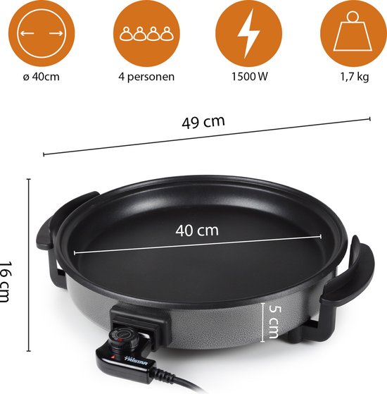 Tristar Casserole PZ-2964 - Casserole électrique avec couvercle 40 cm - Casserole XXL - Revêtement antiadhésif et thermostat réglable - Température maximale 280⁰ C - Noir