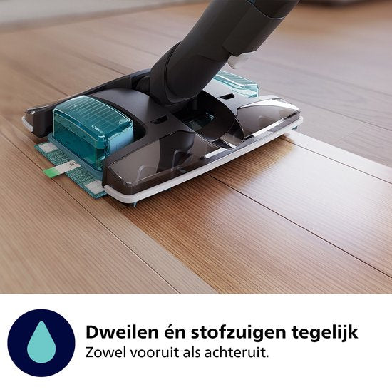 Aspirateur Philips avec fonction de lavage des sols XC8055/01 Aqua Plus - Sans fil et sans sac - Buse d'aspiration avec éclairage LED - Aspirateur à main - Autonomie de la batterie jusqu'à 80 min - Léger - Bleu