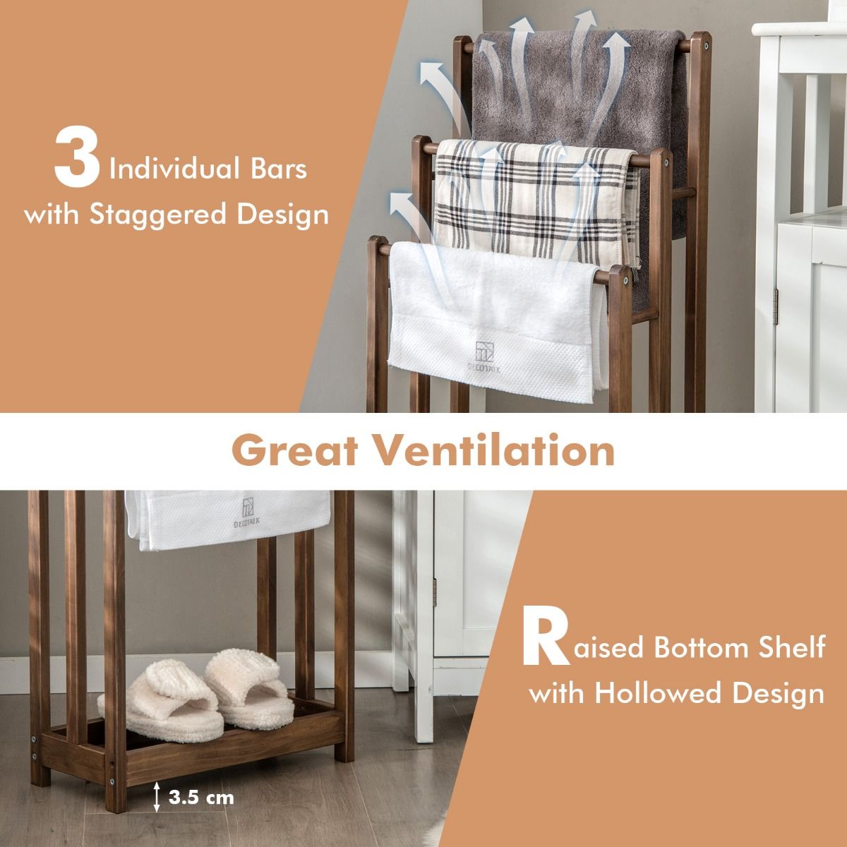 Porte-serviettes Coast avec 3 tiges - Protection contre l'inclinaison - Pin - 45 x 22 x 86 cm - Rustic Brown