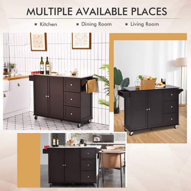 Coast Kitchen trolley chariot de service - acier inoxydable - îlot de cuisine avec 3 tiroirs - 135 x 45,5 x 91,5 cm - Brun/Blanc/Noir