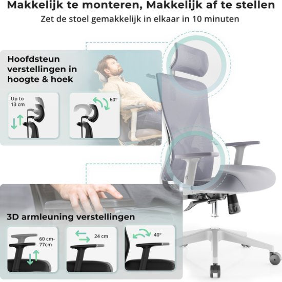 Backerz - Chaise de bureau ergonomique - hauteur d'assise 44-56 cm et certifiée EN1335 - équipée d'accoudoirs 3D et d'un support lombaire réglable - pour le bureau et les jeux - polypropylène et maille blanche/grise