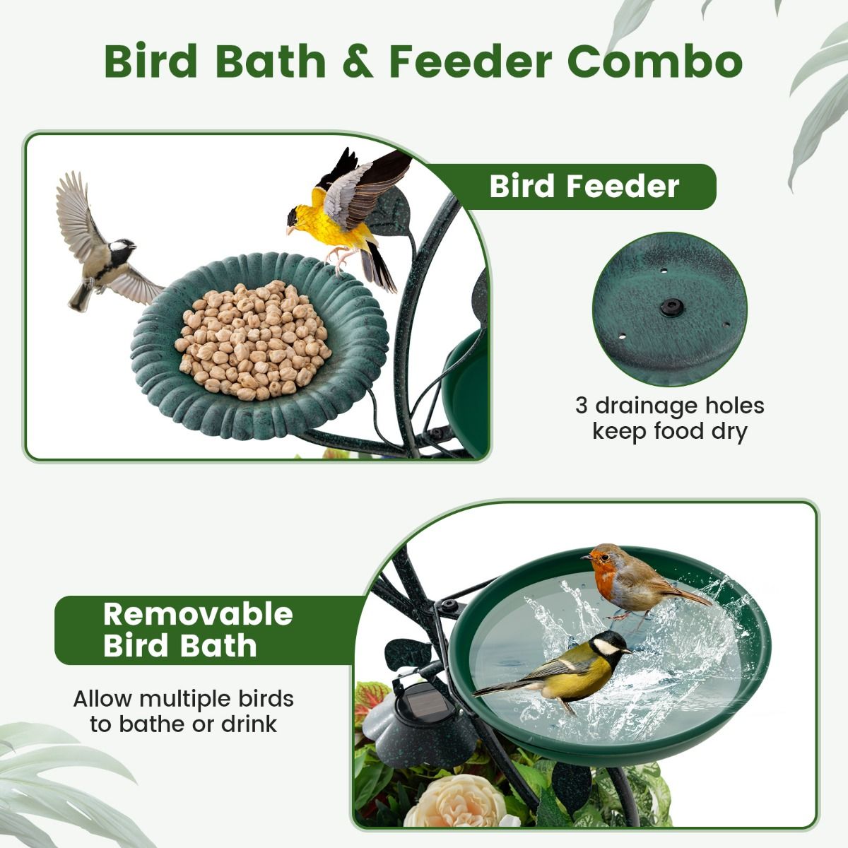 Bain d'oiseaux et mangeoire Coast à énergie solaire - 83 cm - avec porte-fleurs et éclairage LED - bronze