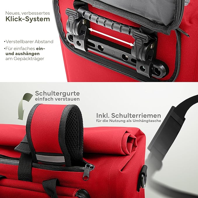 MIVELO Pannier - Sac à dos et sac à bandoulière 3-en-1 - Imperméable et compartiment pour ordinateur portable - 25 litres - Rouge