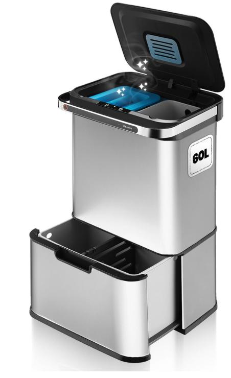 Home&Comfort Poubelle - 60L - lumière UV - acier inoxydable Gris - 36 x 42 x 82 cm