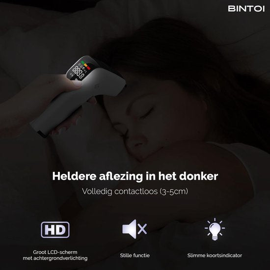 Bintoi® Thermomètre frontal - Thermomètre de corps - Thermomètre d'oreille - Thermomètre de fièvre pour adultes et bébés - Mesure instantanée en 1 seconde - Facile à lire dans l'obscurité - Piles incluses.