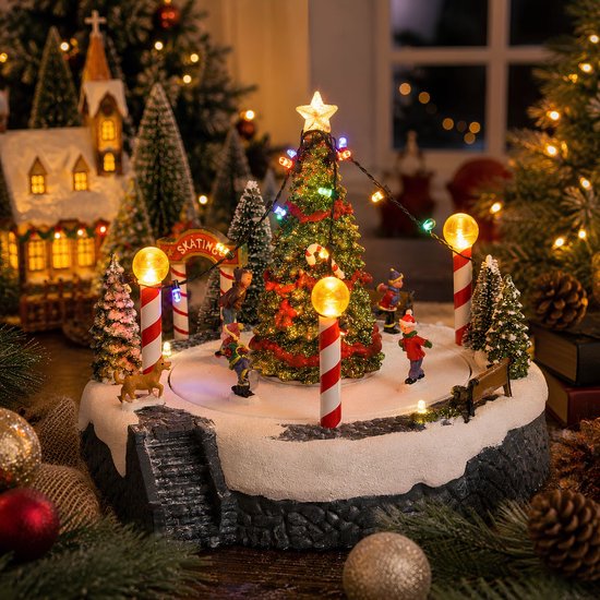 Luville Village de Noël avec scène de sapin et patinoire - Décoration de Noël avec figurines animées et éclairage LED - Guirlande à piles - Guirlandes de Noël d'intérieur - 22 x 22 x 18,5 cm - Blanc