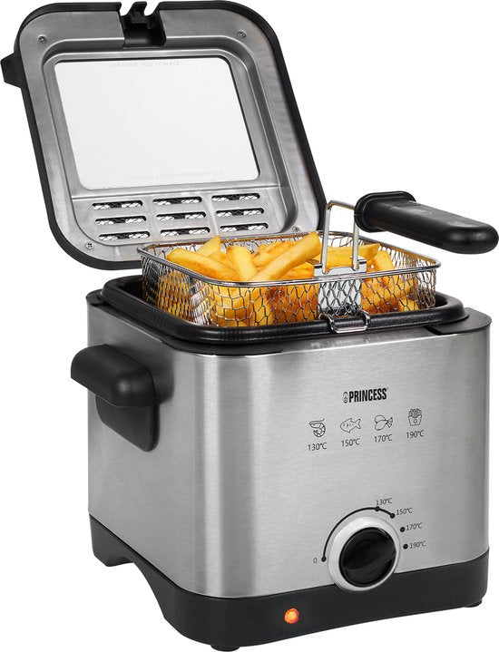 Princess Mini Fryer 182612 - 1,5 litre - Thermostat réglable - Filtre anti-odeurs - Fenêtre de visualisation - Compacte - Convient pour le camping - 1000W - acier inoxydable brossé