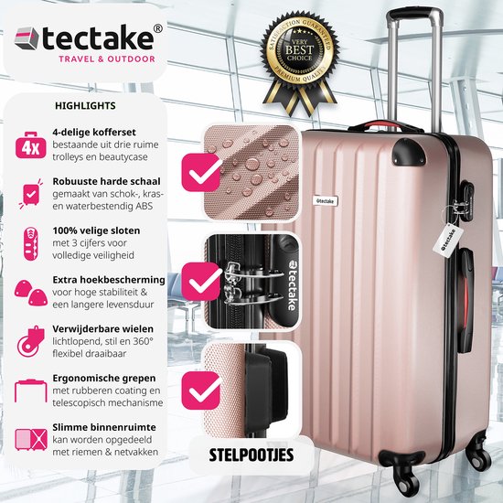 tectake® - Coffret de voyage 4 pièces comprenant valise trolley et pèse-bagages, roues 360°, valise rigide avec serrure à combinaison, grande valise, empilable, valise à main trolley - rosegold