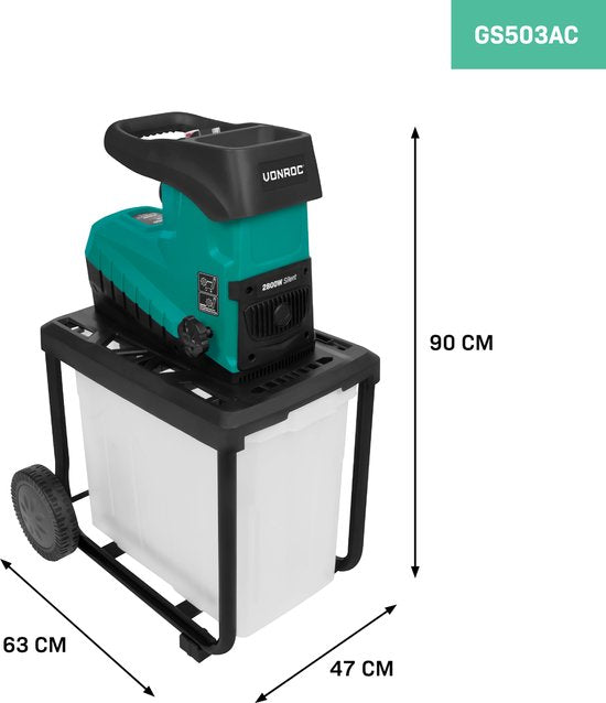 VONROC Silent Shredder/Shredder 2800W - Pour les branches jusqu'à Ø45mm - Bac de ramassage 60L & bâton de poussée inclus