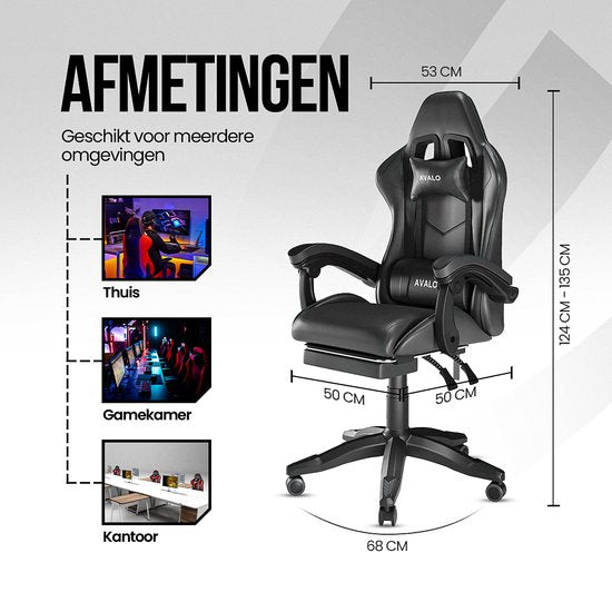 Avalo Gaming Chair - Chaise de jeu - Chaise de bureau ergonomique réglable - Chaise de jeu - Chaise de jeu - Noir