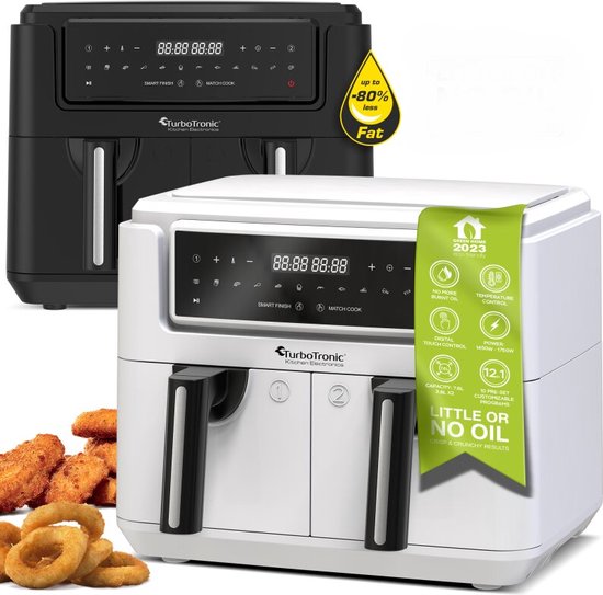 TurboTronic AF118 Double Airfryer XXL - Friteuse digitale à air chaud - Double panier - 7.6L - 2x 3.8L - 12 programmes - Ecran tactile - Blanc