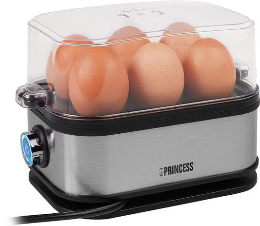 Cuiseur à œufs Princess 262046 – pour 1 à 6 œufs – 400 W – acier inoxydable – cuisson dure, molle et moyenne – minuterie – avec gobelet doseur et pic à œufs