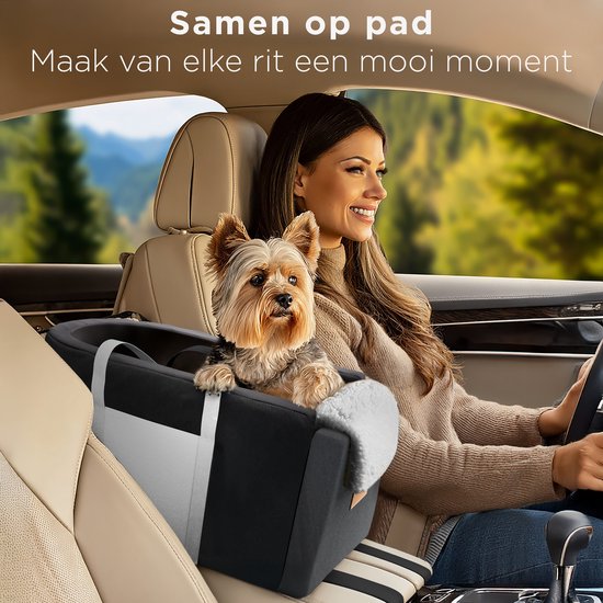 CozySense® Siège auto pour chien - Panier auto pour chien avec housse lavable - Pour petit chien - S'adapte à la console centrale - Sert également de sac de transport - Noir/Gris