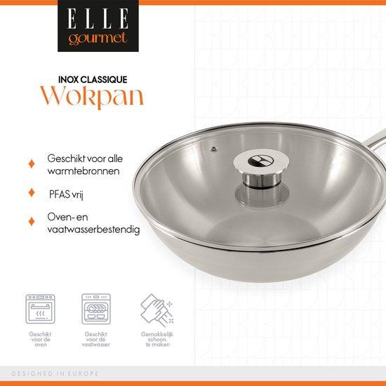 Poêle wok ELLE Gourmet Classique en acier inoxydable avec couvercle - Ø 28 cm - Sans PFAS - Induction