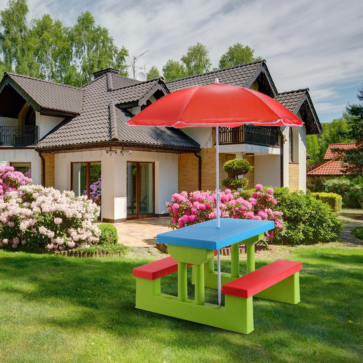 Coast Table de pique-nique pour enfants - Avec parasol - 2 bancs - Max. 50 kg - 67 x 41 x 47 cm - Rouge / Bleu / Vert