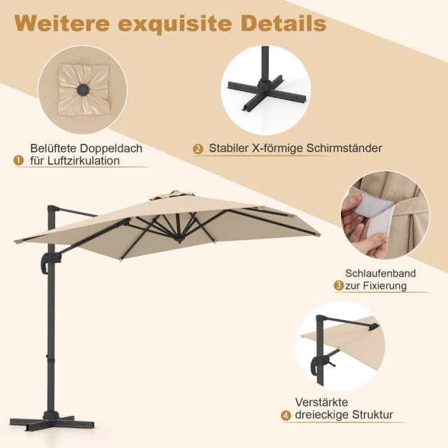 Coast Parasol flottant - 250 x 250 cm - Inclinable - Rotation 360° - Aluminium - Beige