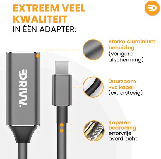 Adaptateur Drivv USB-C vers HDMI - Prise en charge de la 4K à 30 Hz - Convertisseur - Type-C vers HDMI - Thunderbolt 3 - Gris
