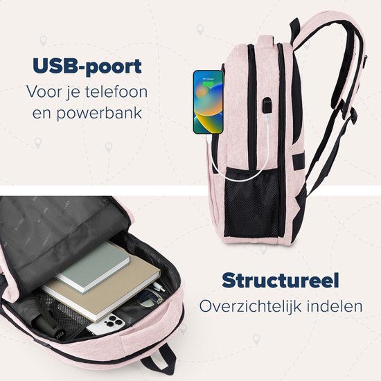 TRVLMORE Sac à dos - 36L - 17.3 Inch - Sac à dos pour ordinateur portable avec USB - Cartable - Homme et Femme - Sac -Vieille - Rose