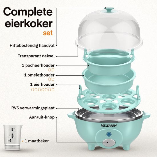 Cuiseur à œufs électrique Veltrion - Jusqu'à 7 œufs - Cuisson, œufs pochés, œufs brouillés et omelettes - Avec minuterie et verre doseur intelligent - Lavable au lave-vaisselle - Bleu
