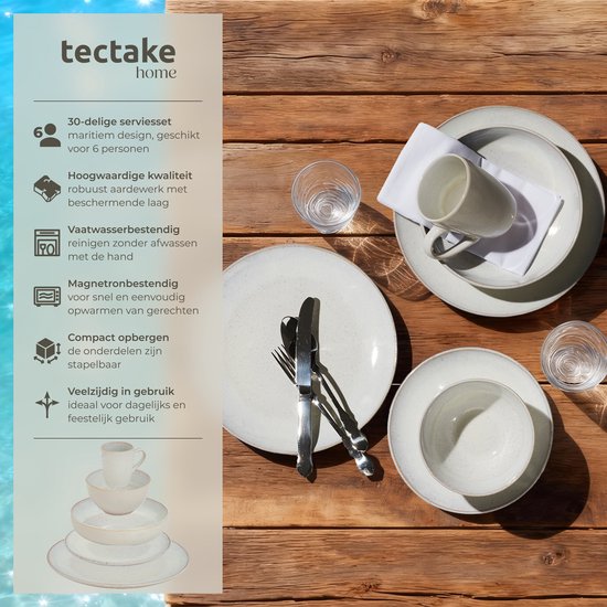 tectake® Service de table Mare - 30 pièces - Faïence à émail brillant - Pour 6 personnes - Service de table fait main - Service de table moderne comprenant des grandes et petites assiettes, des bols, des petits plats et des tasses - Lavable au lave-vaisse