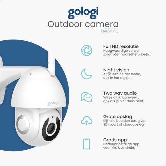 Gologi Superior Caméra d'extérieur - Caméra d'extérieur avec vision nocturne - Caméra de sécurité filaire - Caméra de sécurité - 3MP - Avec wifi et application - Blanc