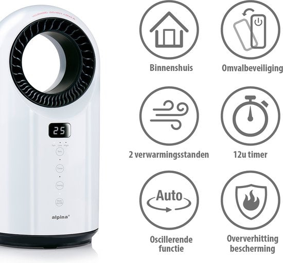 alpina Radiateur électrique et ventilateur 1500W - Radiateur céramique avec minuterie et télécommande - Radiateur oscillant avec fonction de refroidissement et de chauffage - 18 x 18 x 37cm