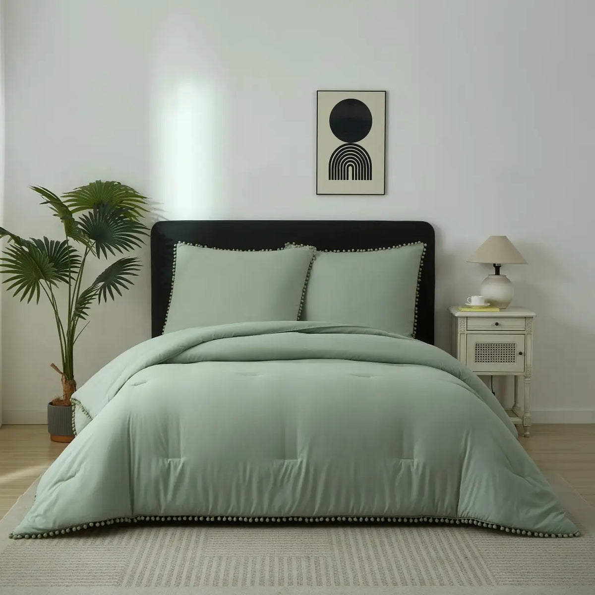 Ensemble de housse de couette Meeallhome avec franges à pompons - 200 x 220 cm + 2 x 80 x 80 cm - Turquoise