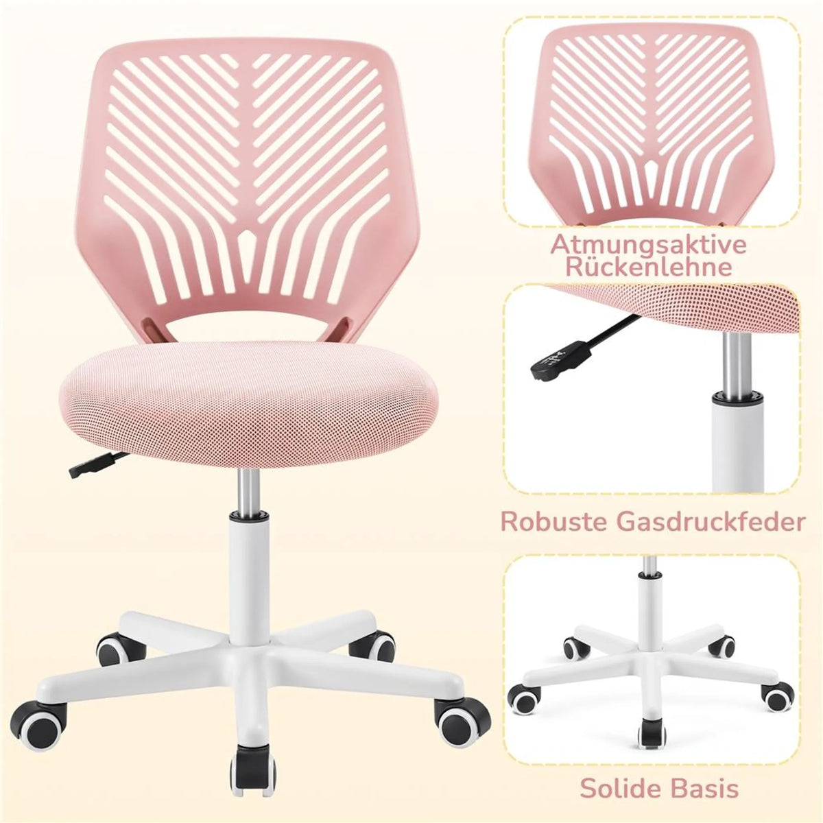 Chaise de bureau sans accoudoirs, réglable en hauteur et pivotante à 360°, rose pâle