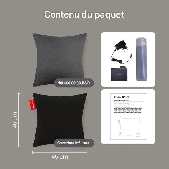 Auronic Oreiller chauffant - Classic - 45x45 - Sans fil - Rechargeable - Coussin électrique - Infrarouge - Anthracite